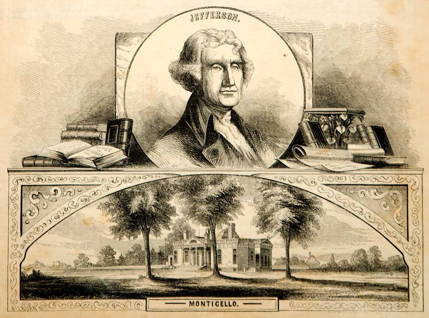 1854 Wood Engraving Thomas Jefferson Portrait President Monticello Plantation
