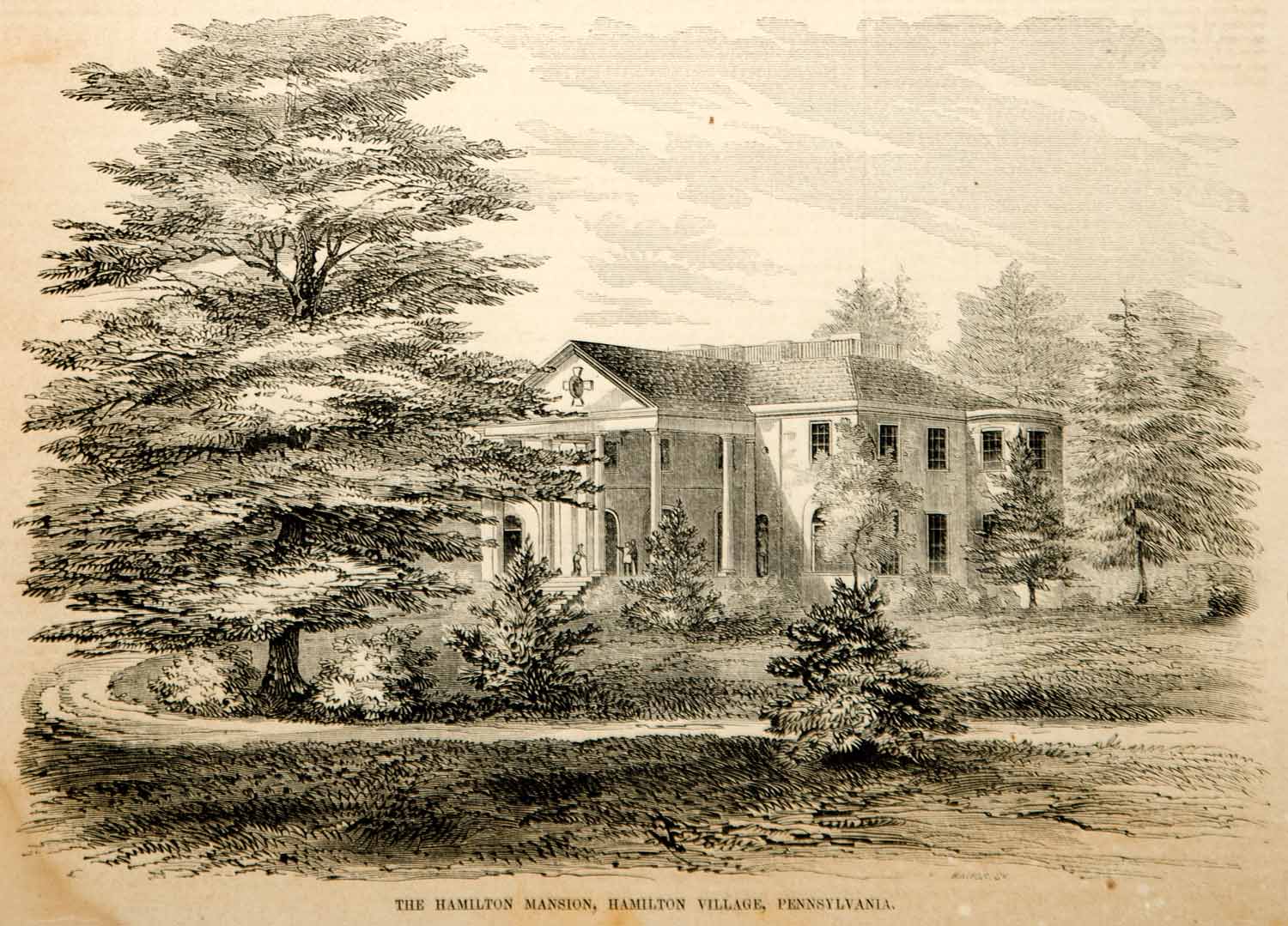 1854 Wood Engraving Woodlands Hamilton Mansion Philadelphia Cemetery Historic