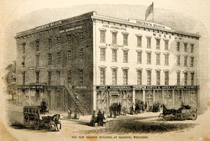 1854 Wood Engraving Bruen's Block 1 Pinckney Street Madison WI Museum Historic