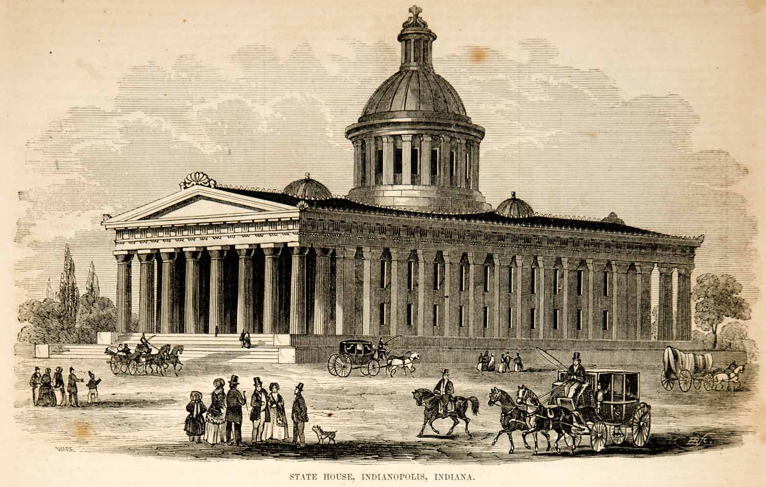 1854 Wood Engraving State House Indianapolis Indiana Greek Parthenon Historic