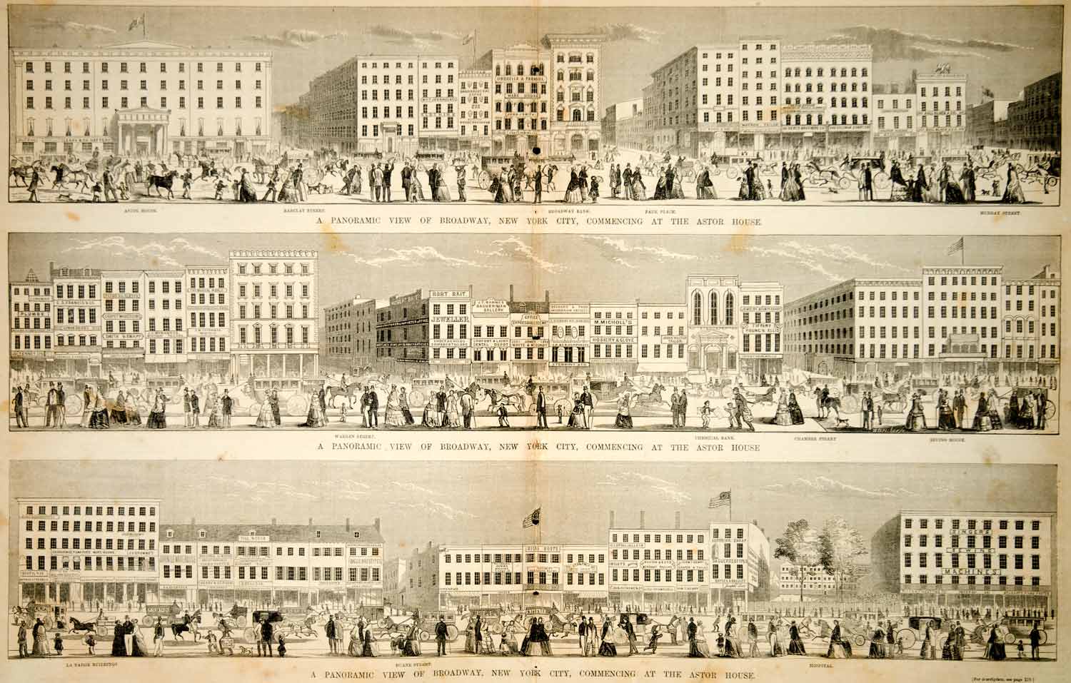 1854 Engraving Broadway NYC Astor House Hotel Panoramic View Historic Cityscape