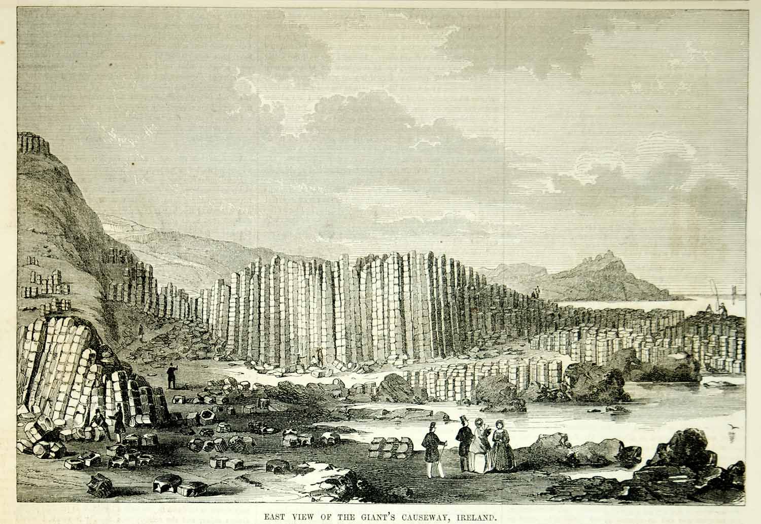1854 Wood Engraving Giant's Causeway Ireland UNESCO World Heritage Site Basalt