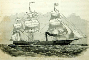 1854 Engraving USS Savannah Steamship Sailing Ship Sidewheel Steamer Antique