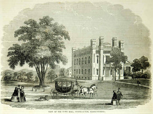 1854 Wood Engraving Northampton Massachusetts City Town Hall Building Historic