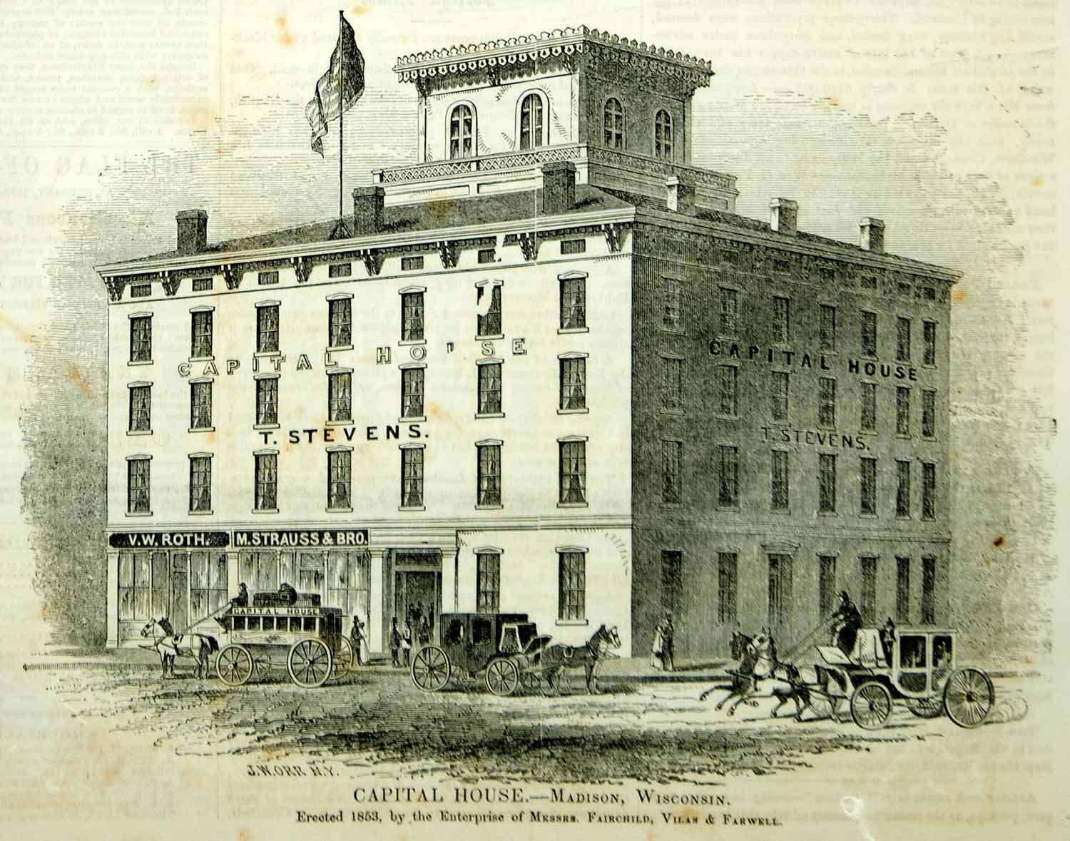 1854 Wood Engraving Capital House Hotel Madison Wisconsin Vilas 1 E. Main Street