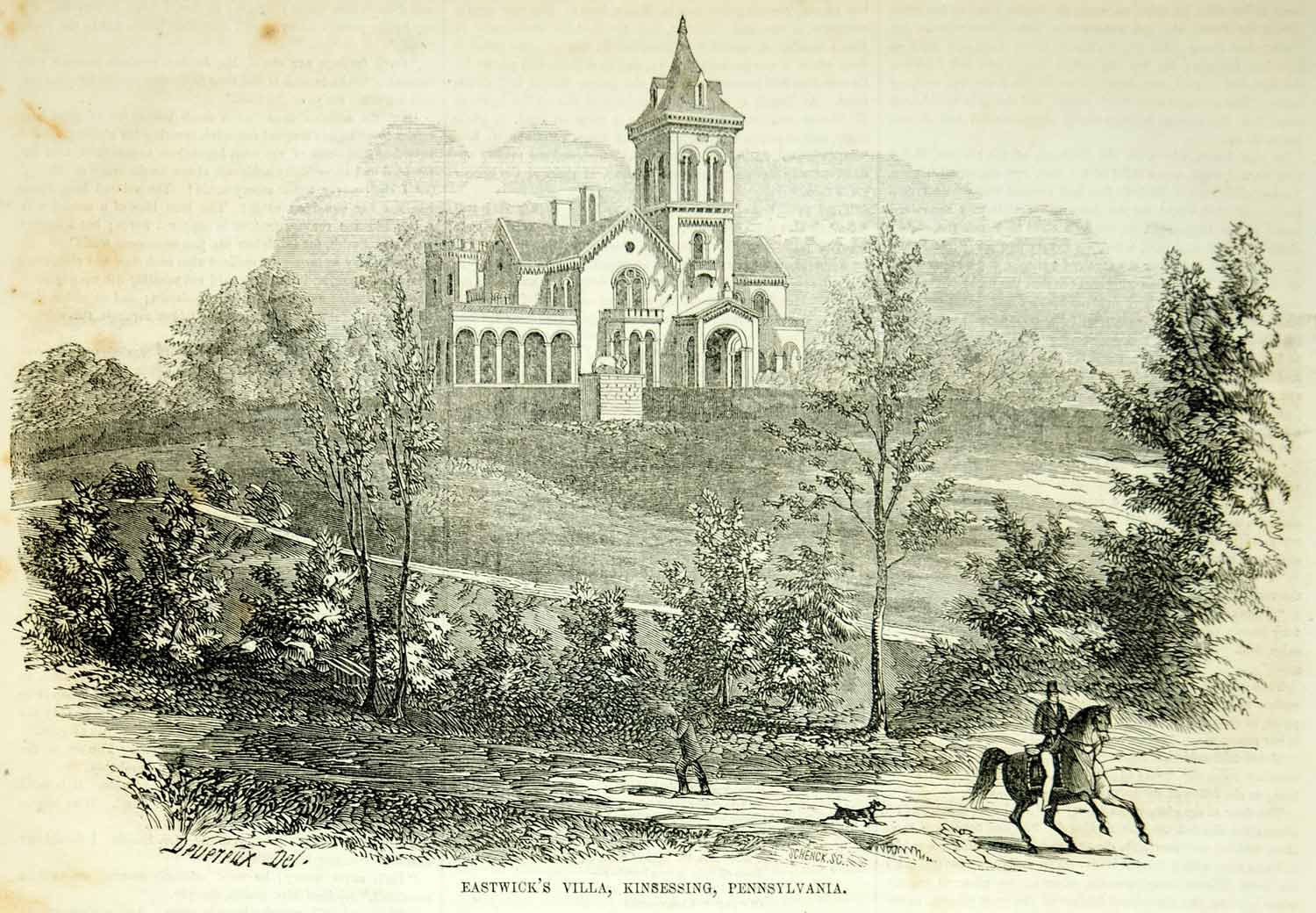 1854 Wood Engraving Eastwick Villa Kinsessing PA Samuel Sloan Historic Mansion