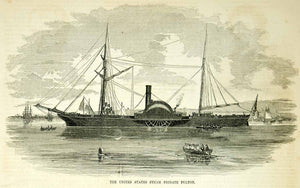1854 Wood Engraving USS Fulton Navy Sidewheel Steamer War Ship Frigate Antique