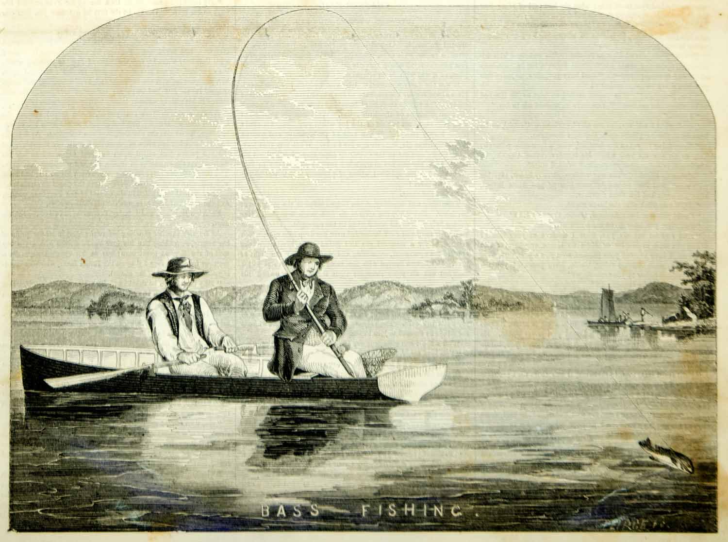 1854 Wood Engraving Bass Fishing Game Fish Trolling Fishermen Boat Antique Art