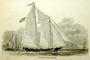 1854 Wood Engraving Gloucester Massachusetts Fishing Schooner Sailing Ship Art