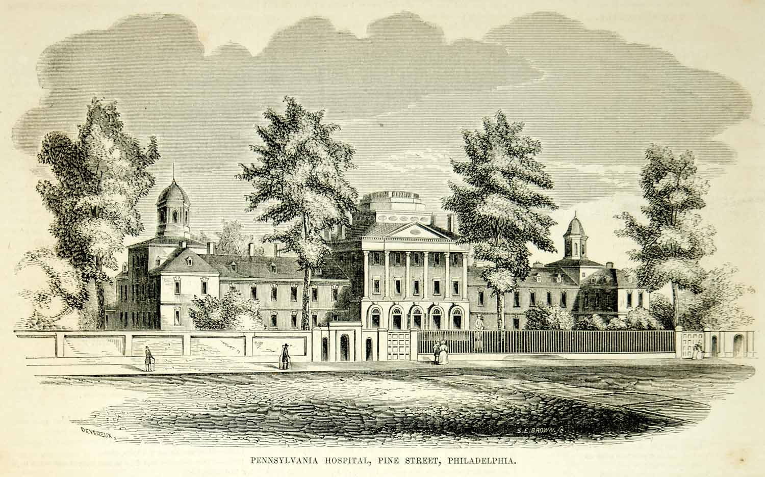 1854 Wood Engraving Pennsylvania Hospital Pine Street Philadelphia Historic Site