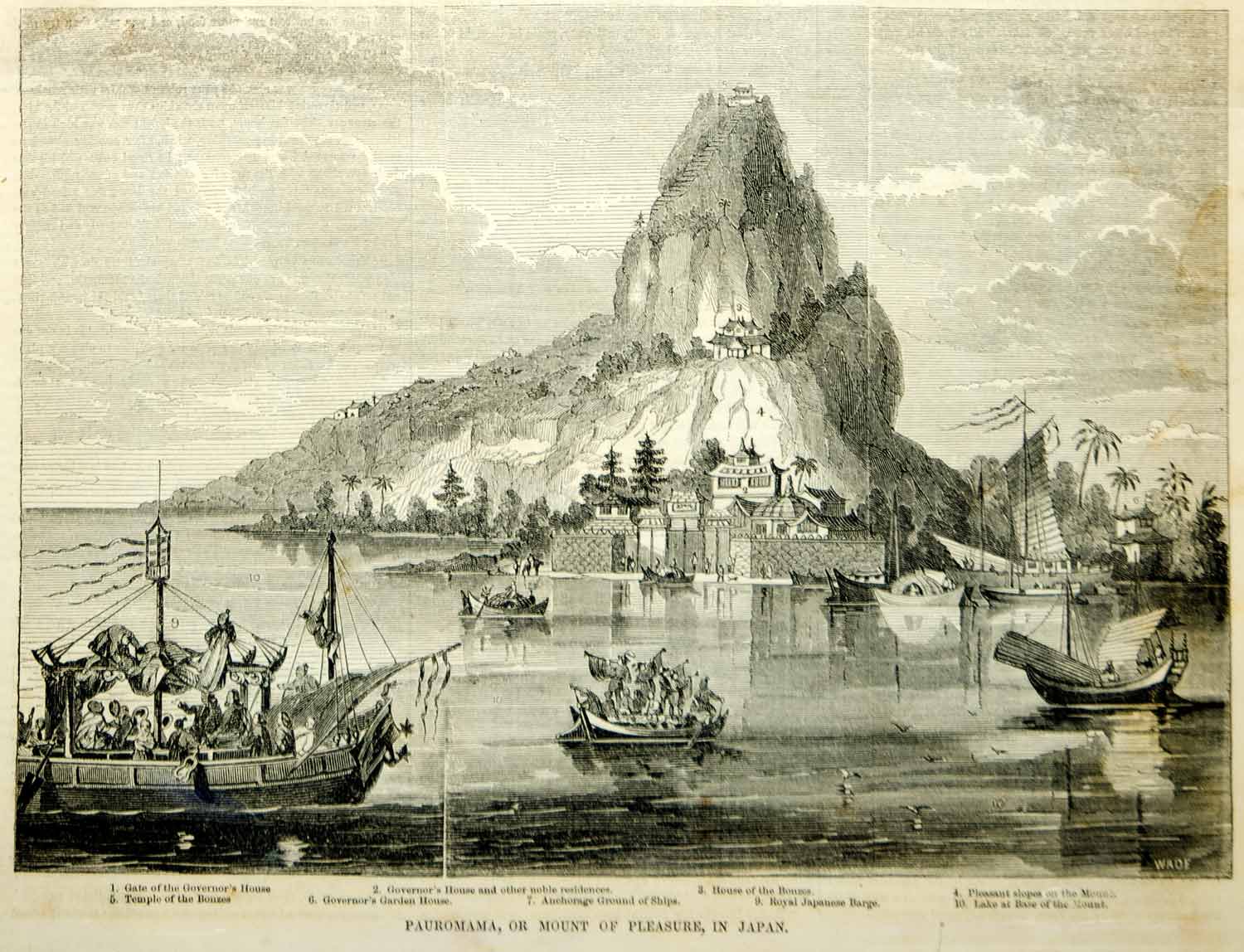 1854 Wood Engraving Mount of Pleasure Japan Mountain Governor's House Antique