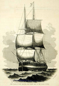 1854 Wood Engraving Sailing Ship Maria Whaling Whaler Sails Masts Antique Vessel