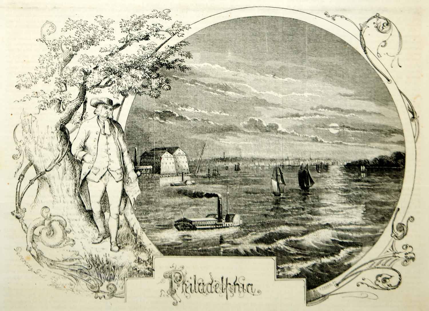 1854 Wood Engraving Philadelphia Schuylkill River William Penn Cityscape Antique