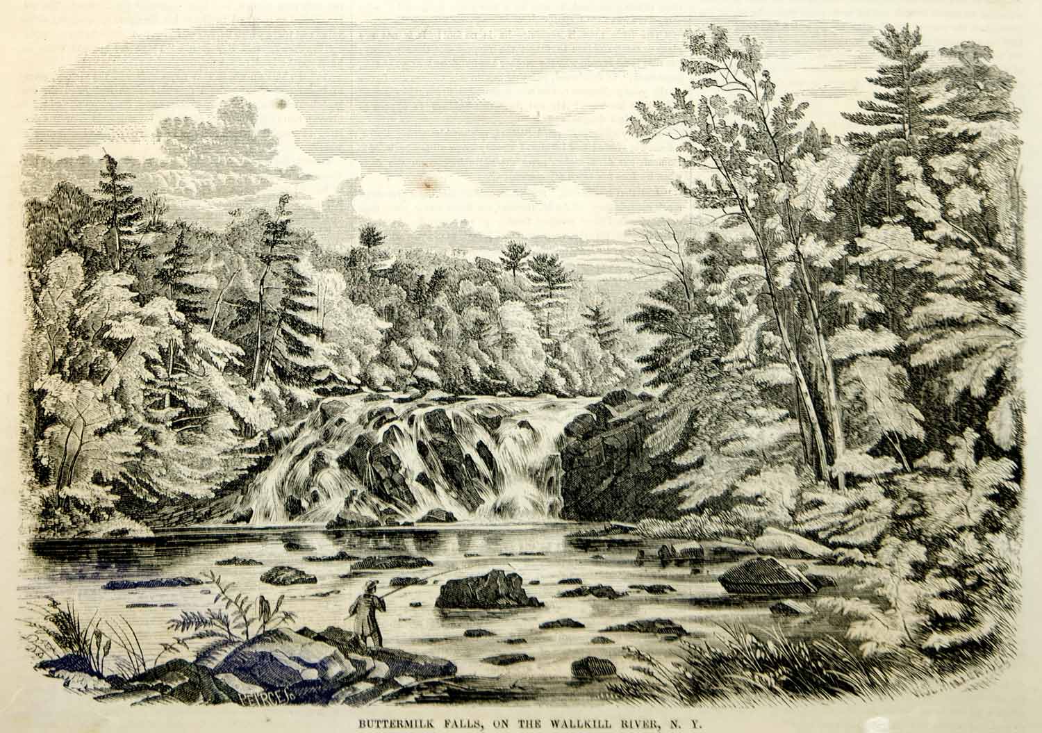 1854 Wood Engraving Buttermilk Falls Wallkill River Landscape Fisherman Antique