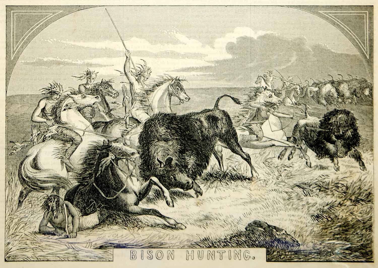 1854 Wood Engraving Bison Buffalo Hunting Native American Indian Hunters Plains