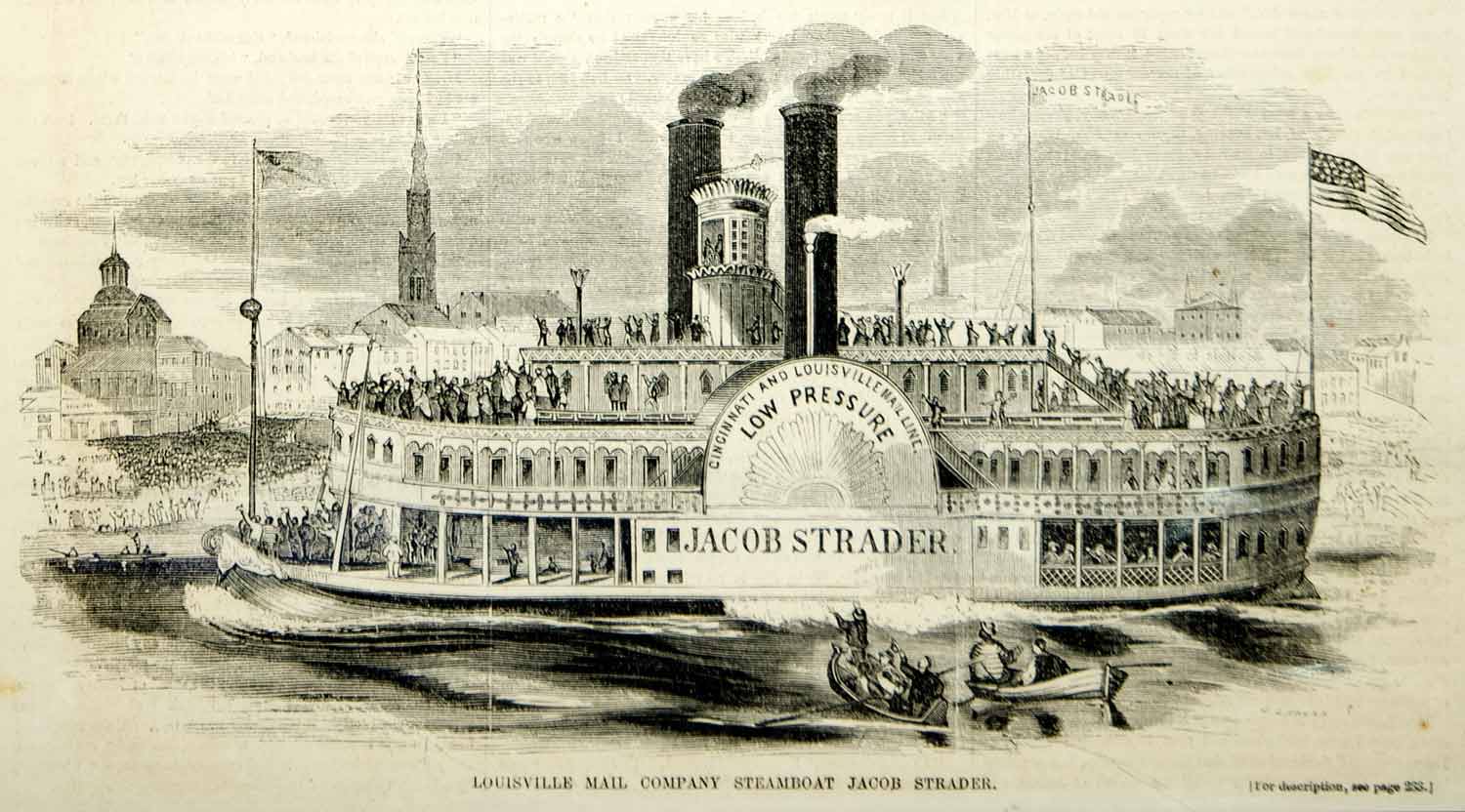 1854 Wood Engraving Steamboat Jacob Strader Sidewheel Paddle Wheel River Boat
