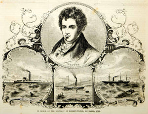 1854 Wood Engraving Robert Fulton Portrait Inventor Steamboat Clermont Antique