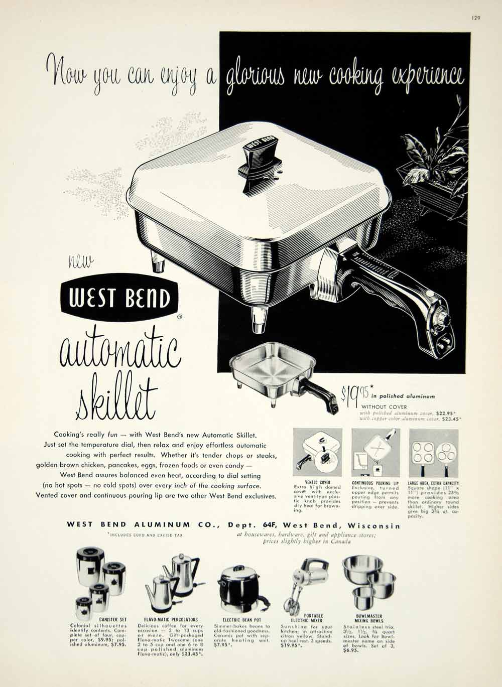 1956 Ad West Bend Aluminum Automatic Skillet Kitchen Appliance Electric YHB2
