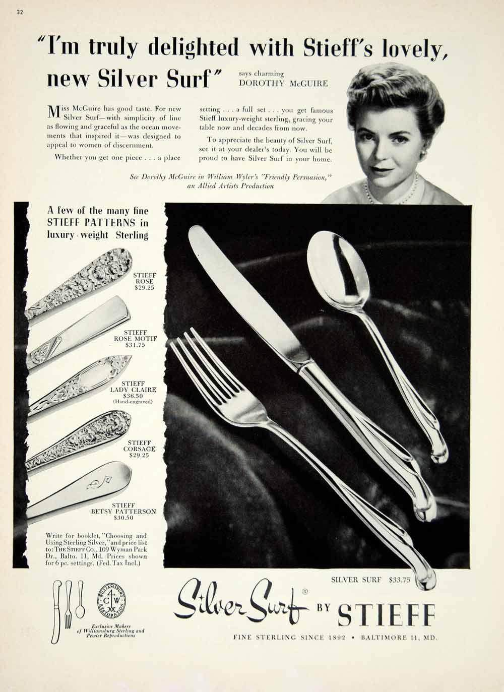 1956 Ad Stieff Patterns Silver Surf Silverware Dorothy McGuire Actress YHB2