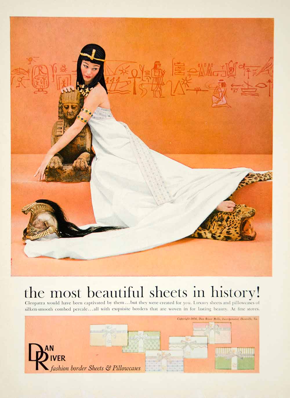 1956 Ad Dan River Sheets Pillowcases Cleopatra Egyptian Pharaoh Bed Home YHB2