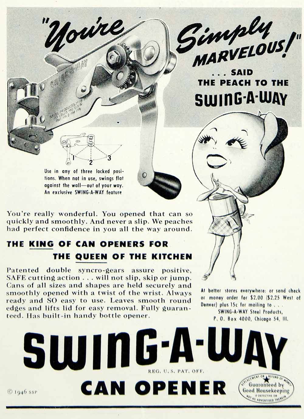 1946 Ad Swing-A-Way Can Opener Kitchen Cooking Household Appliance Peach YHB2
