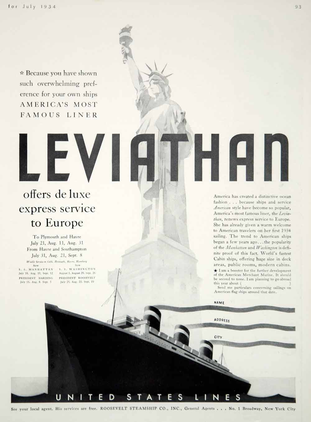 1934 Ad SS Leviathan Vaterland U.S. Lines Ocean Liner Statue of Liberty YHB3