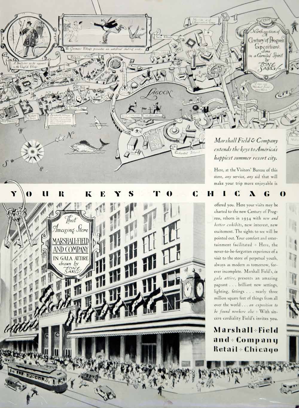 1934 Ad Marshall Field's Chicago Century of Progress Fair Map Tony Sarg Art YHB3