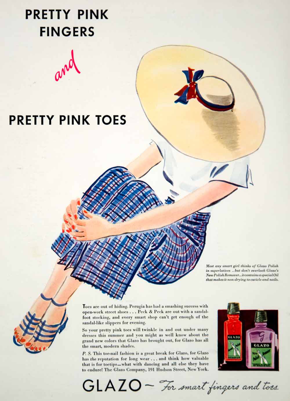 1934 Ad Glazo Pink Nail Polish Remover Fingernail Toenail Open-toed Sandals YHB3