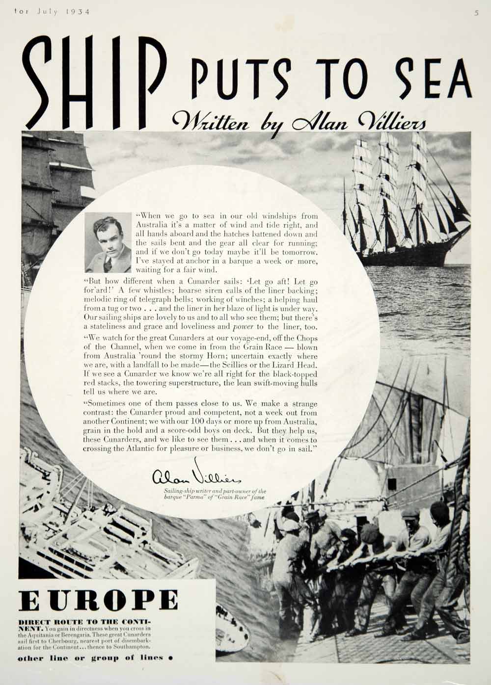 1934 Ad Cunard Lines Ocean Liner Atlantic Crossings Tall Ship Alan Villiers YHB3