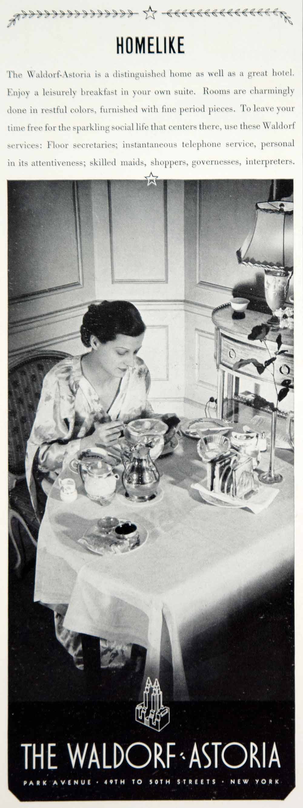 1934 Ad Waldorf Astoria Hotel Park Avenue NYC Suite Room Service Breakfast YHB3