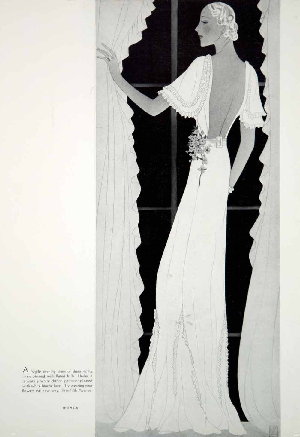 1934 Print Vintage House of Worth Evening Dress Backless Art Deco Fashion YHB3