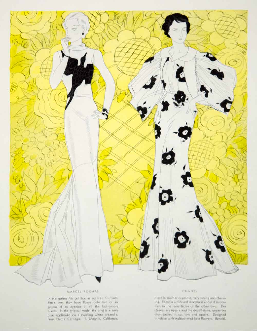 1934 Color Print Vintage 30s Evening Dress Maggy Rouff Marcel Rochas Chanel YHB3