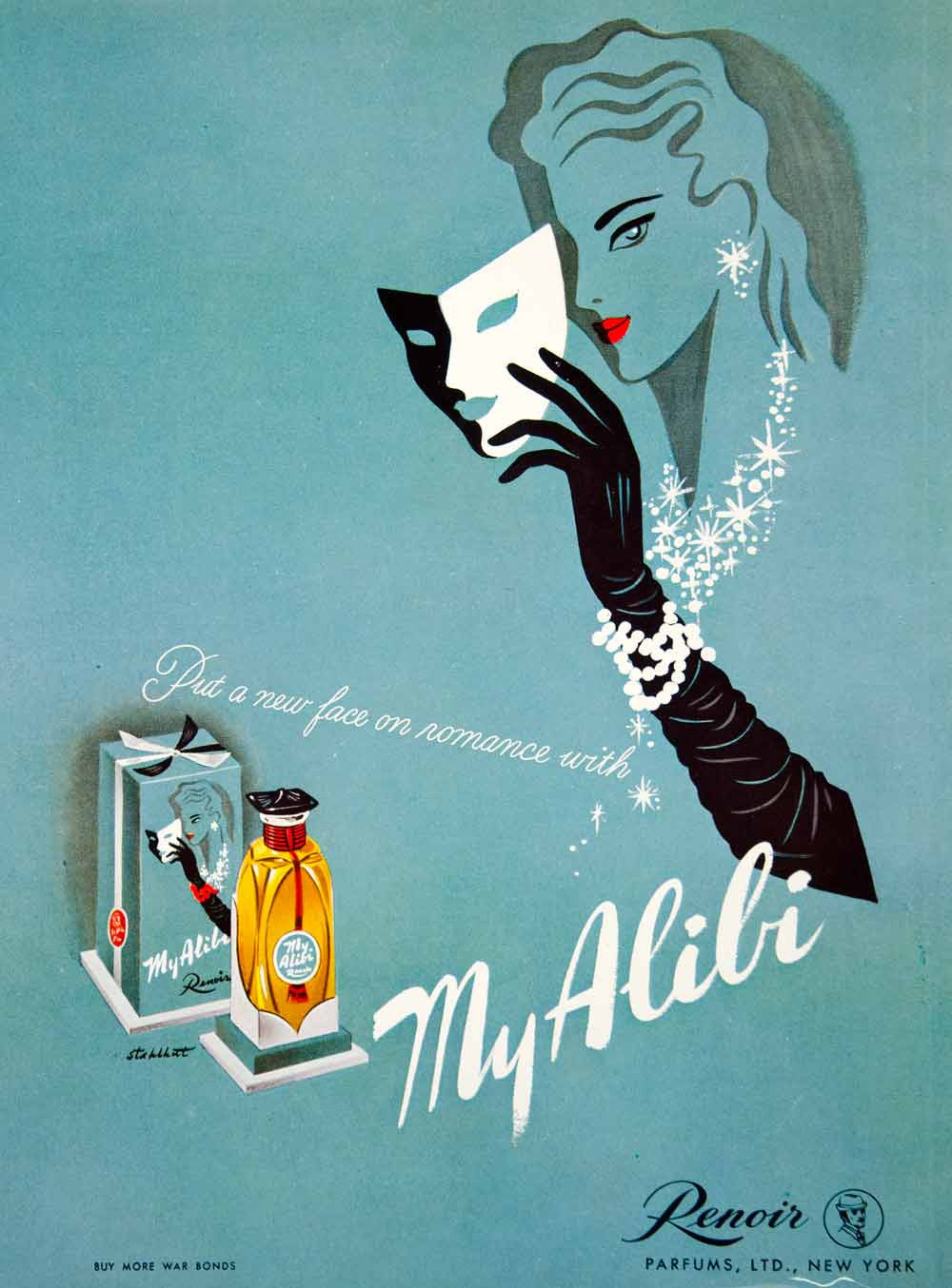 1944 Ad My Alibi Perfume Renoir Parfum Masquerade Mask Henry Stahlhut Art YHB4 - Period Paper
