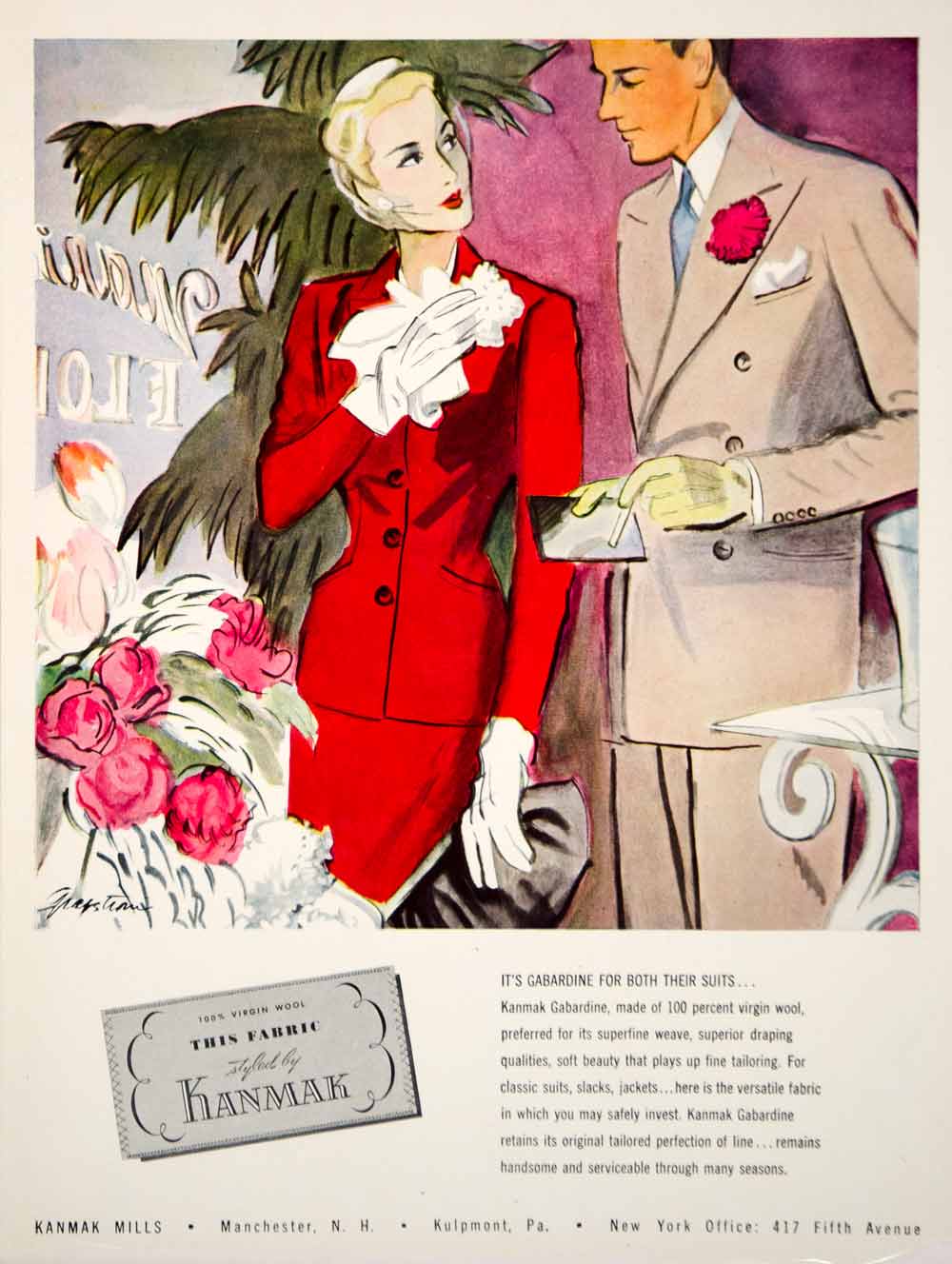 1944 Ad Vintage Kanmak Gabardine Virgin Wool Fabric 40s Fashion Suits Style YHB4