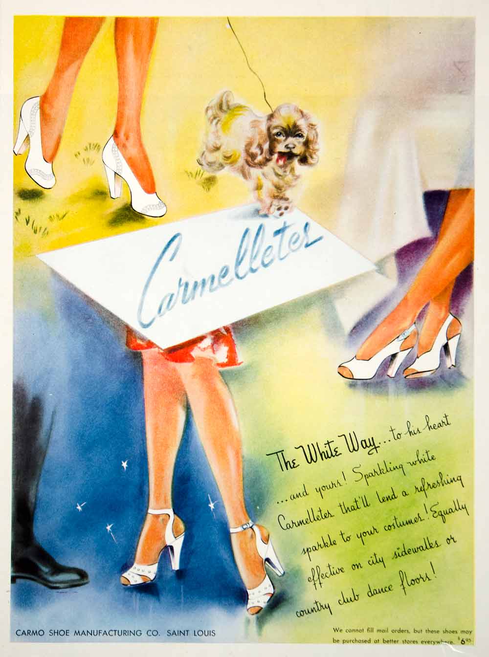 1944 Ad Vintage Carmelletes White Shoes Dance Heels Women Fashion Carmo Dog YHB4