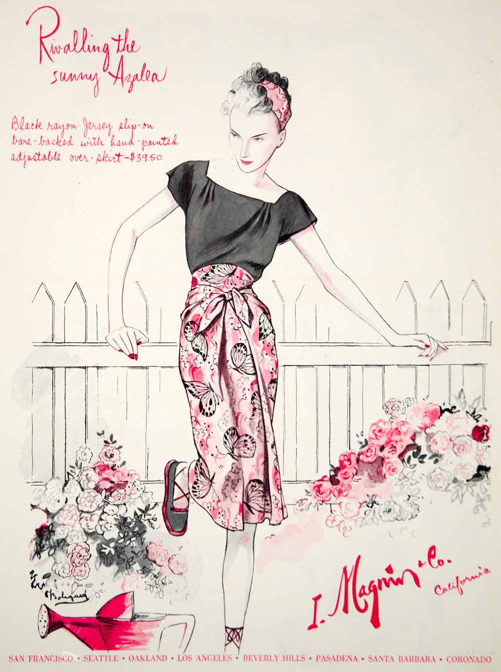 1944 Ad Vintage 40's Fashion Illustration Floral Skirt Joseph Bolegard Art YHB4