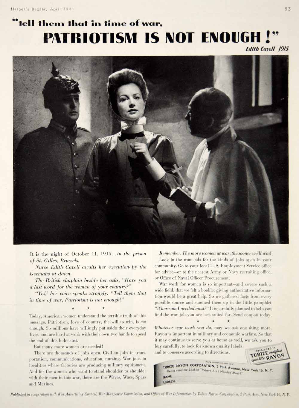 1944 Ad Nurse Edith Cavell WWI Hero "Patriotism Is Not Enough" Tubize Rayon YHB4