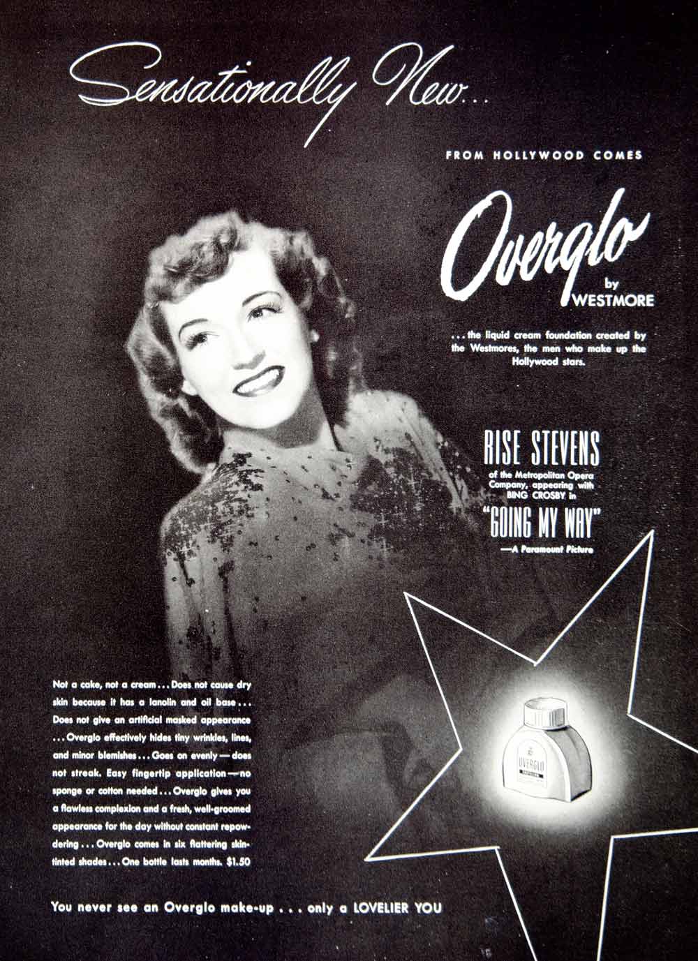 1944 Ad Vintage Overglo Liquid Cream Markup Foundation Rise Stevens Soprano YHB4