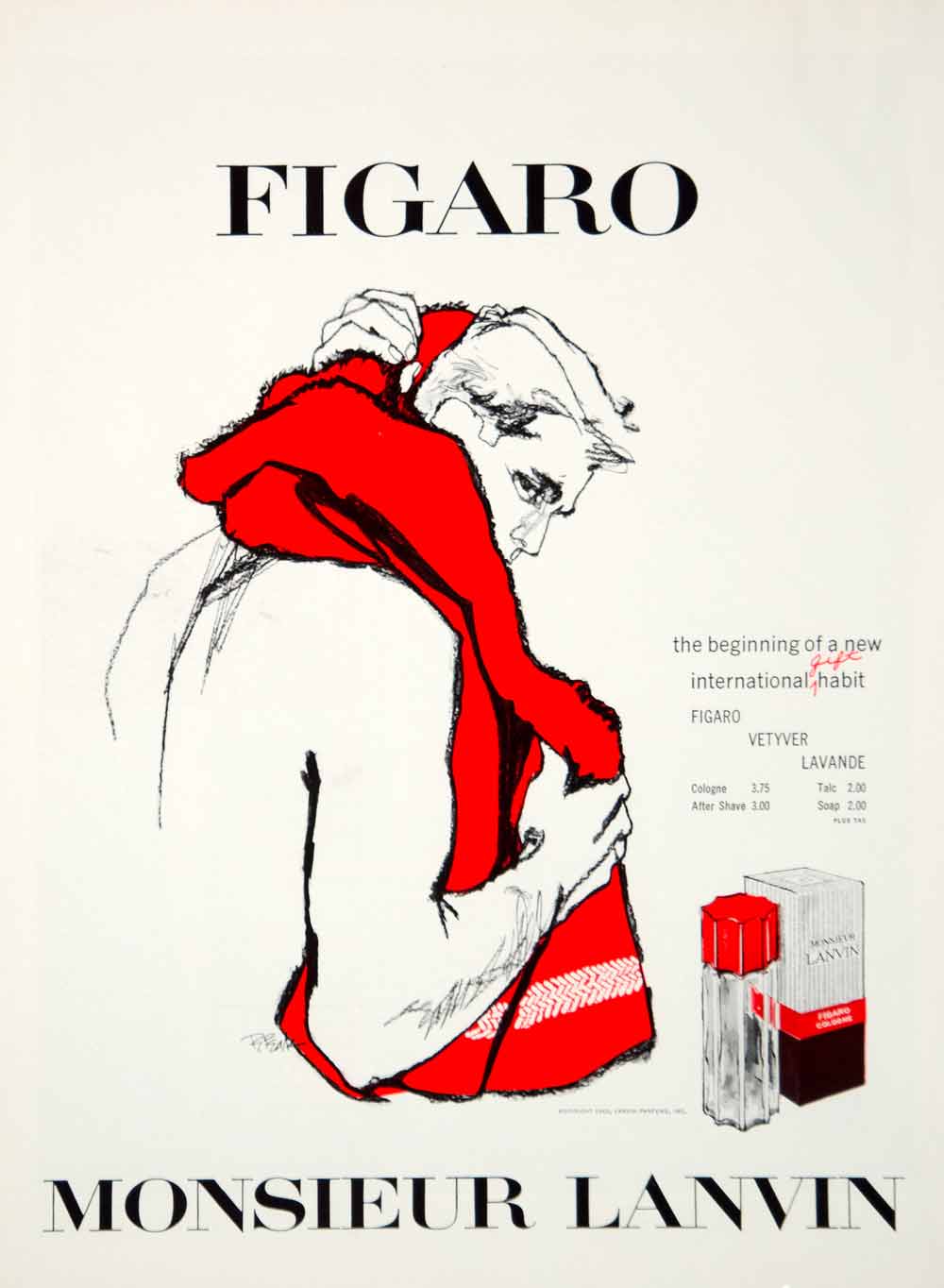 1963 Ad Vintage Figaro Monsieur Lanvin Cologne Fragrance Man Bob Peak Art YHB5