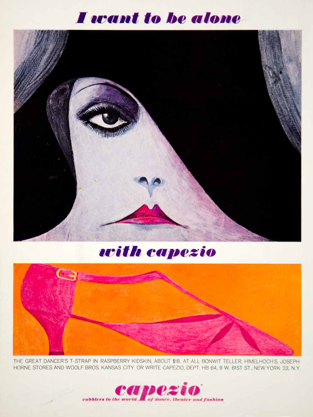 1964 Ad Vintage Capezio Dancer's T-Strap Shoe Raspberry Kidskin Greta Garbo YHB5 - Period Paper
