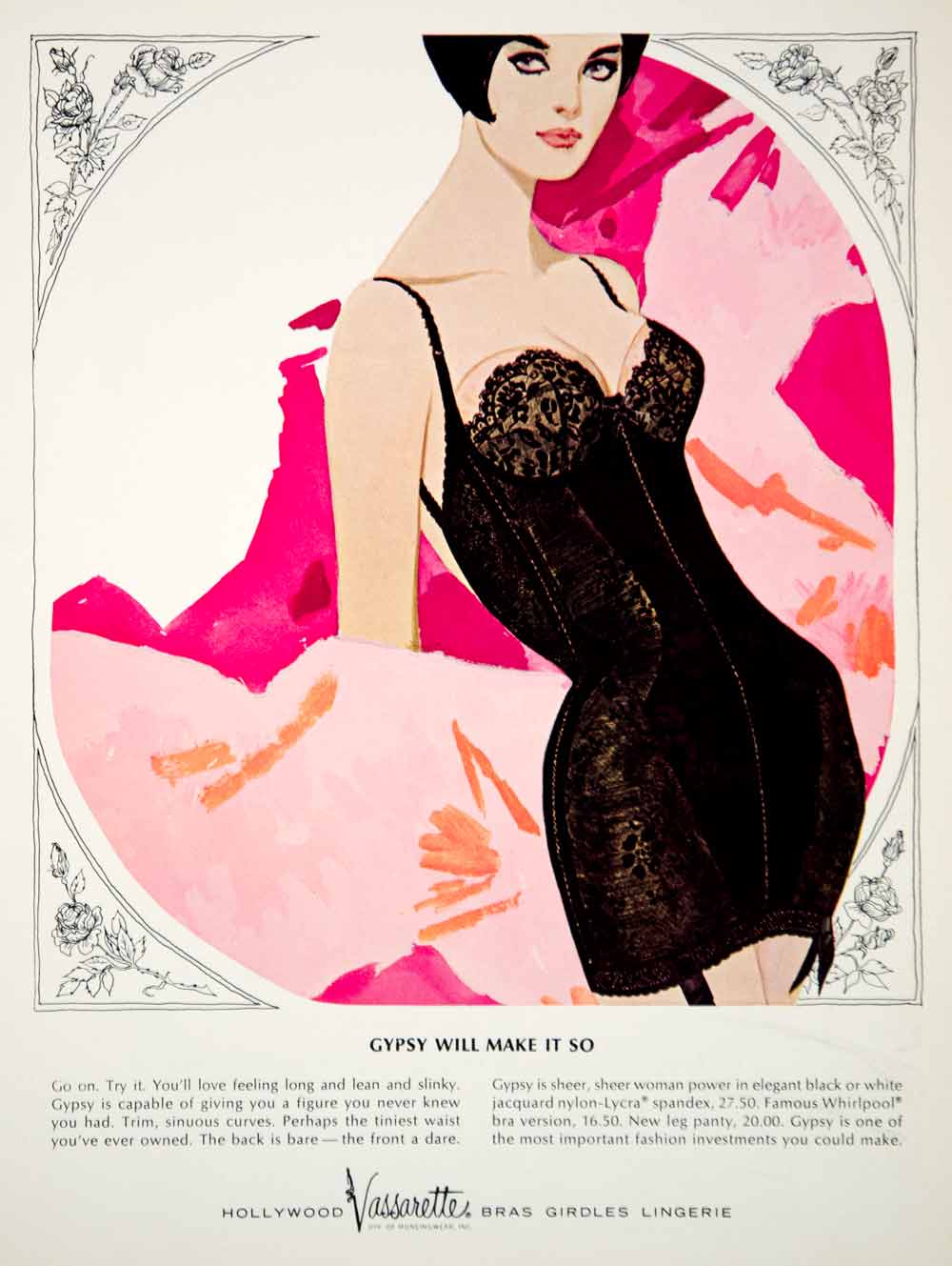 1964 Ad Vintage Gypsy Black Lace Lingerie Vassarette Longline