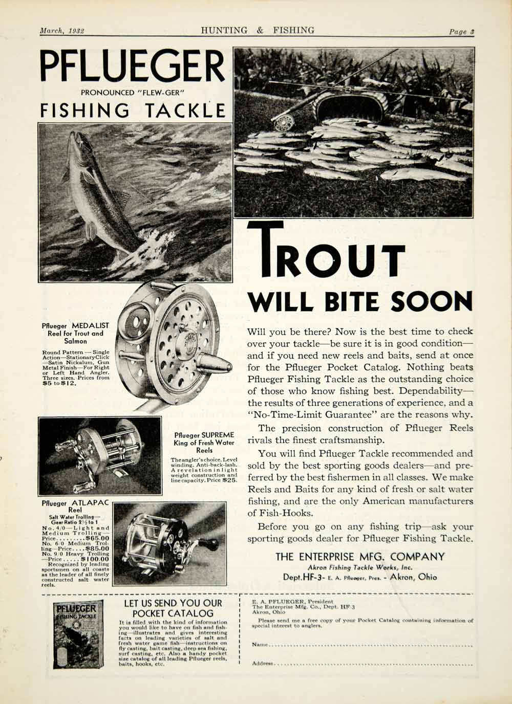 1932 Ad Pflueger Trout Fishing Tackle Medalist Supreme Atlapac Reel YHF1