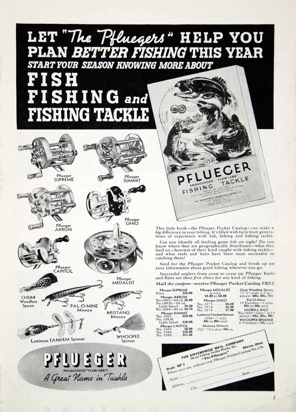 1939 Ad Pflueger Fishing Tackle Reel Minnow Spinner Lure Sportsman