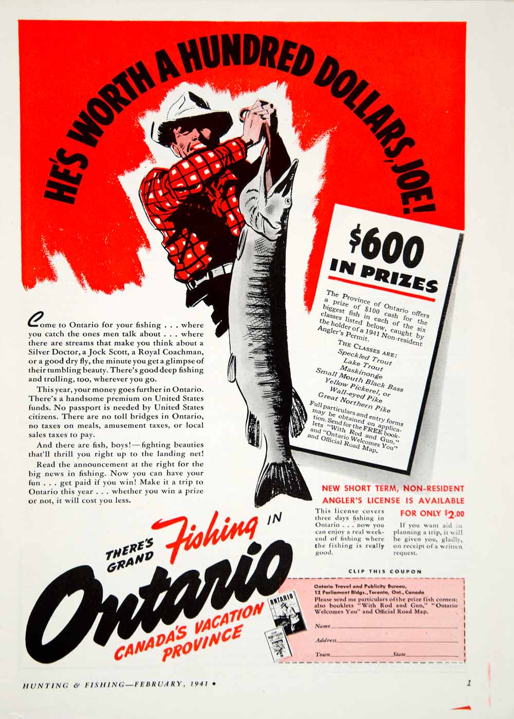 1941 Ad Ontario Canada Travel Tourism Bureau Fishing Sportsman Muskellunge YHF1