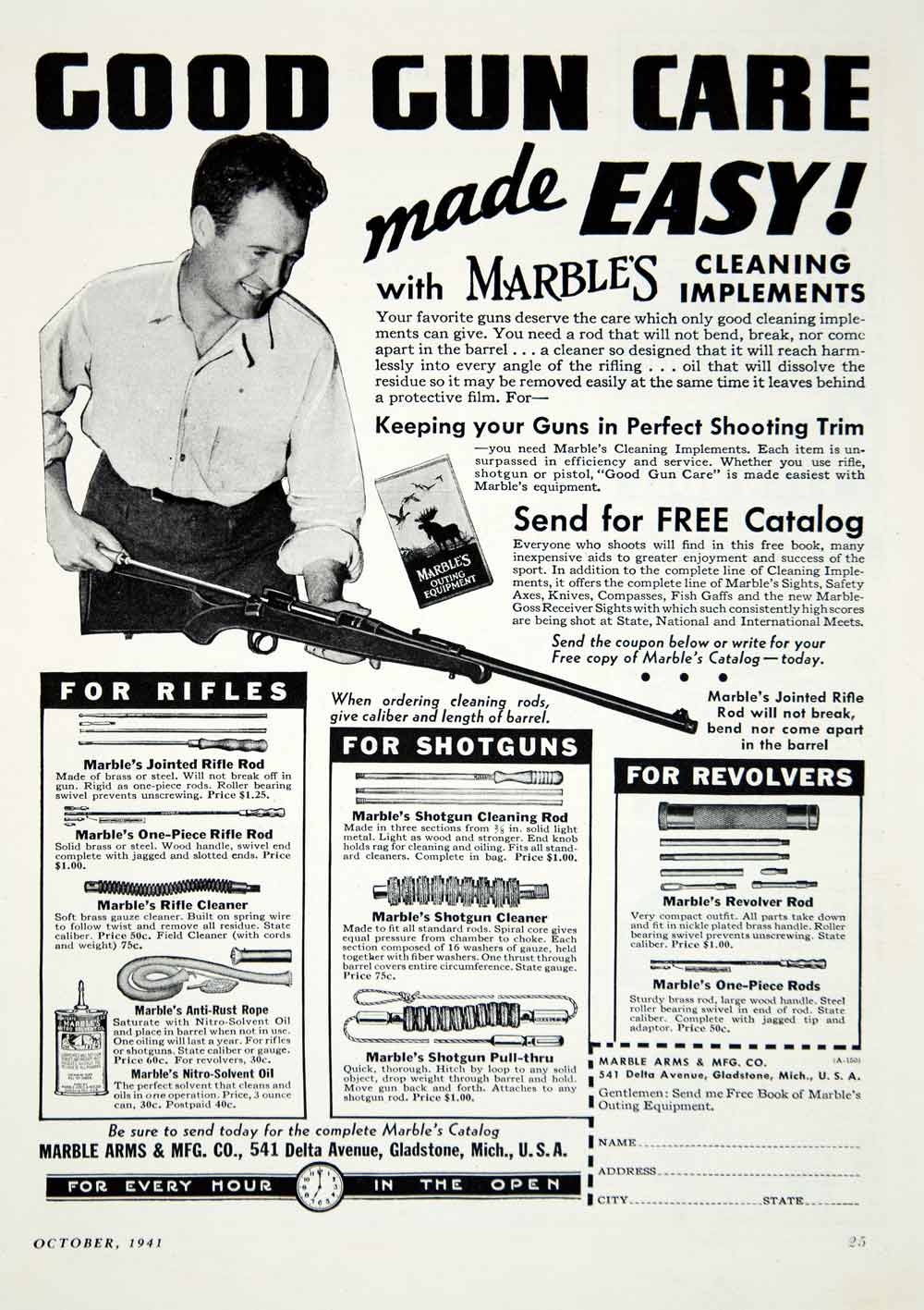 1941 Ad Marble Arms Gun Cleaning Tools Rifle Shotgun Revolver Firearm YHF1
