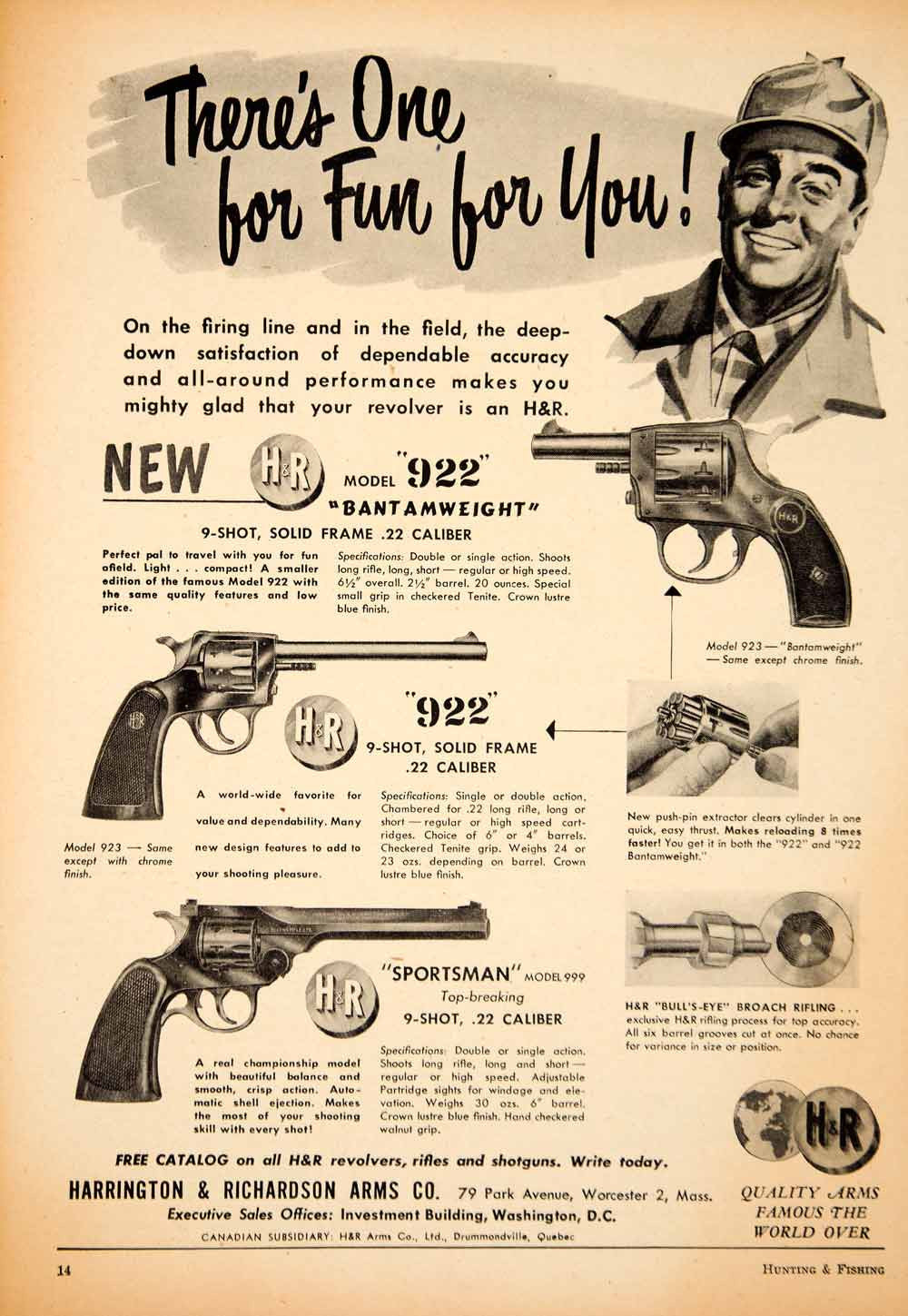 1951 Ad Harrington & Richardson Model 922 Bantamweight Revolver Gun YHF1 - Period Paper
