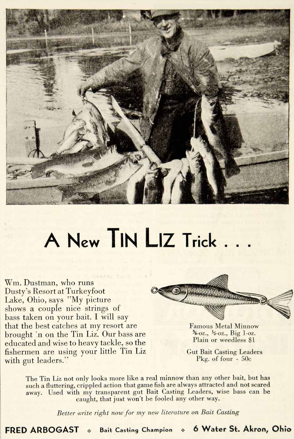 1931 Ad Bait Casting Tin Liz Minnow Fishing Lure Fred Arbogast Tackle YHF1