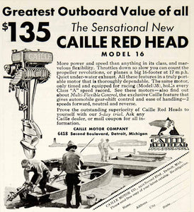1931 Ad Caille Red Head Model 16 Outboard Boat Motor Engine Sporting Good YHF1