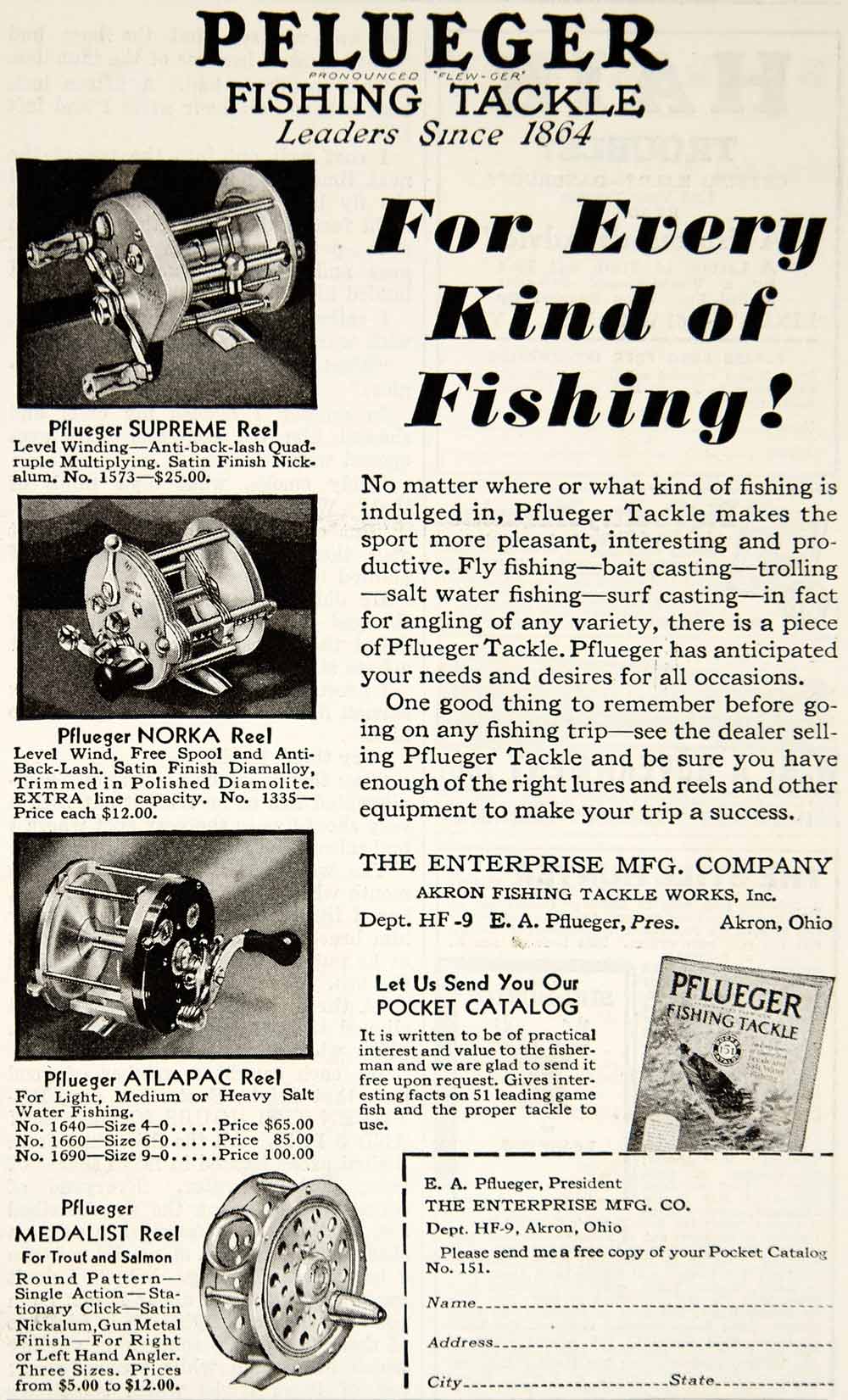1931 Ad Pflueger Fishing Tackle Supreme Norka Atlapac Medalist
