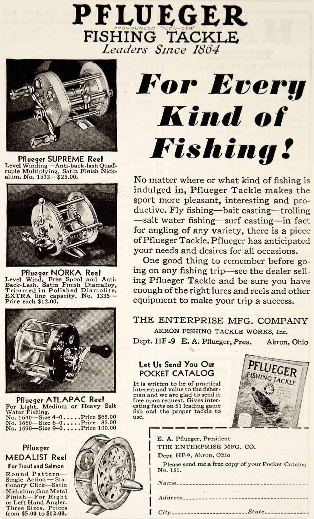 antique pflueger supreme fishing reel 1931 Ad Pflueger Fishing Tackle Supreme Norka Atlapac Medalist Reel YH – Period Paper Historic Art LLC